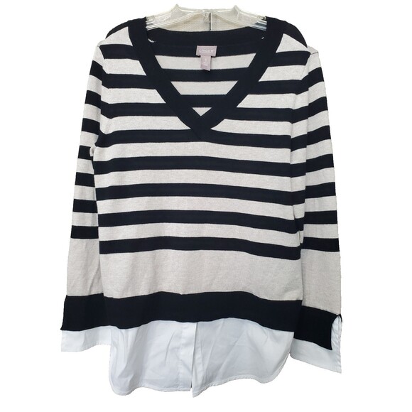 Chico's Layered Look Striped V-Neck Long Sleeve Sweater Black & Beige Size 1 MED - Picture 1 of 7